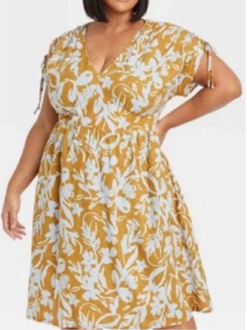 Ava & Viv Mustard and White Floral V-Neck Midi Dress